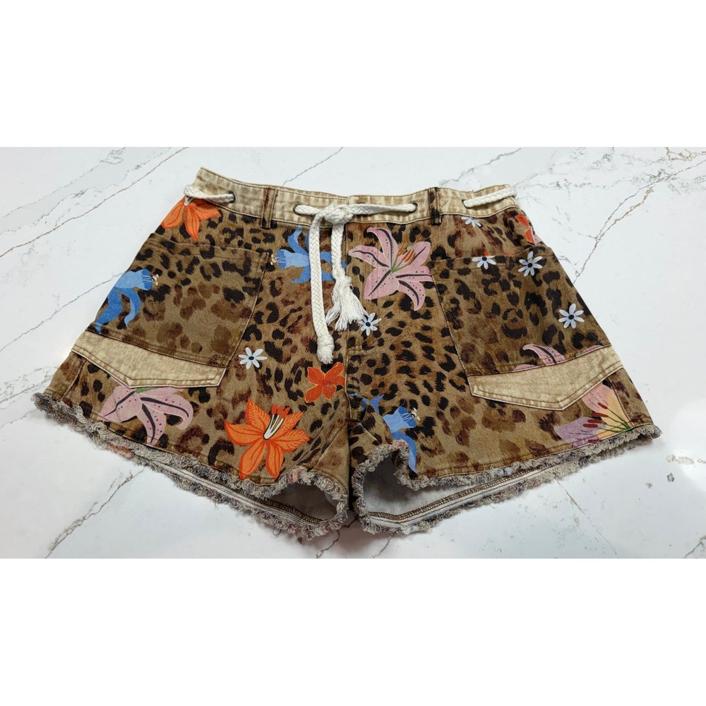 Womens Leopard Floral Denim Shorts Brown Tan High Rise Cut Off Size M